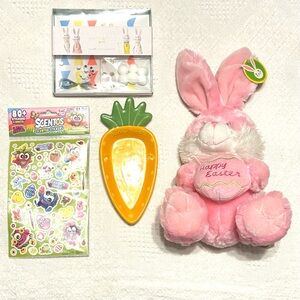 🥕 Easter Bundle Lot Bunny Plush Toy Treats Dish Stickers Egg Decoration Kit 🪺